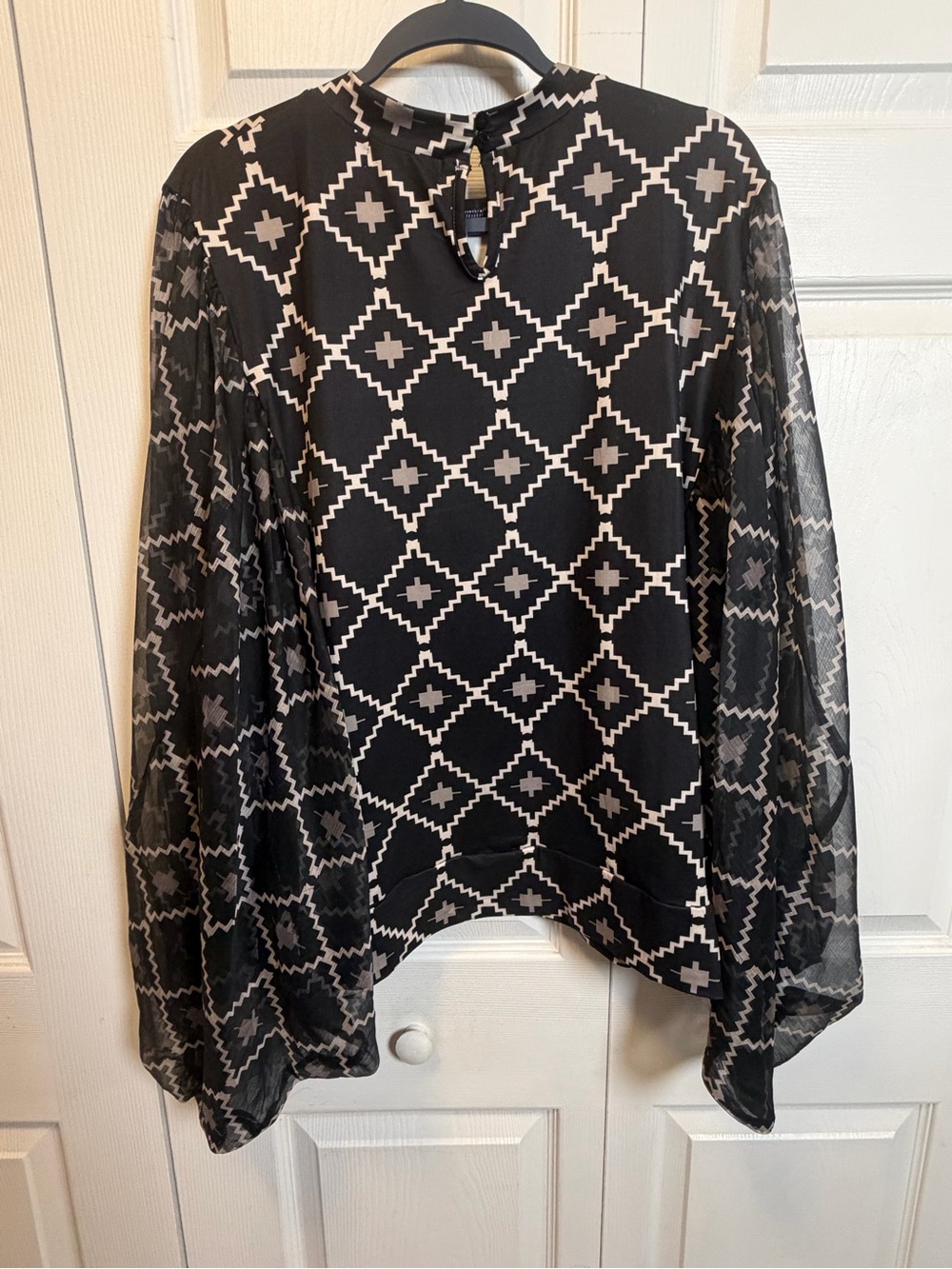 Sterling Kreek 2XL Black Geometric Print Blouse Sheer Balloon Sleeves - Picture 6 of 9